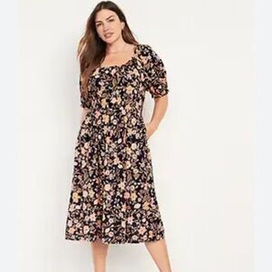Old Navy Waist-Defined Puff-Sleeve Floral-Print Smocked Midi Dress.